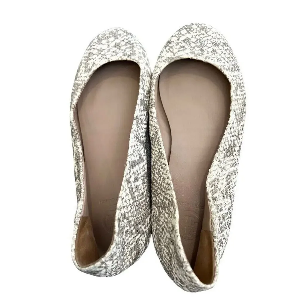 8.5 M Tory Burch Travel T Ballet Flats In Neutral Snakeskin Leather